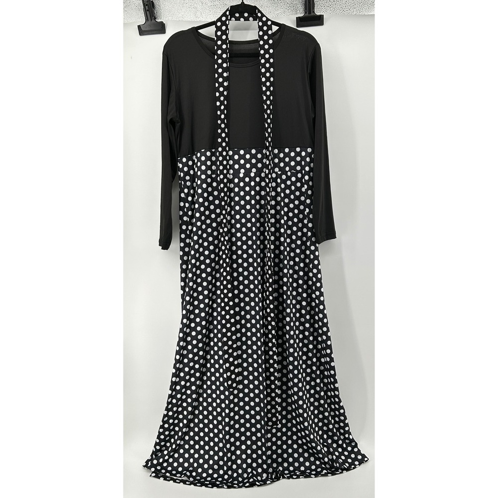 Black White Polka Dot Long Sleeve Maxi Dress Removable Belt L/XL Retro Modest‎